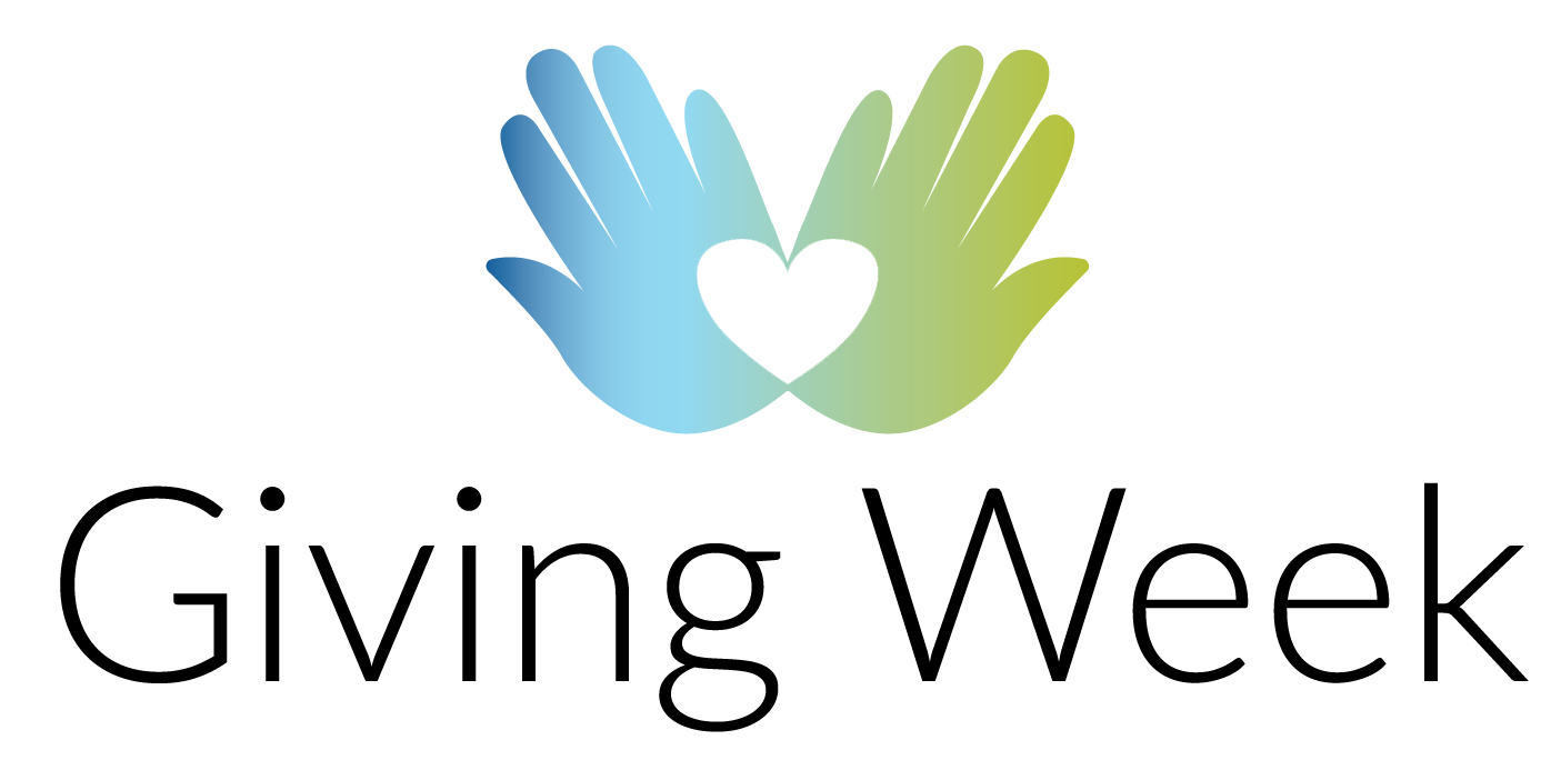 Two hands with a heart in the middle with a blue to green gradient. Giving Week