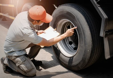 Driver inspecting truck tires